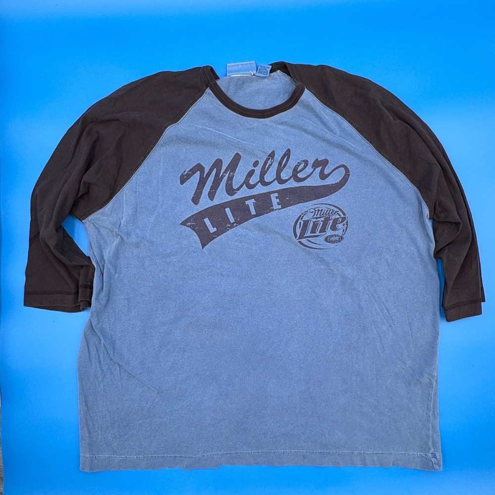 90s Miller Lite Baseball T Shirt Mens‎ XL Raglan 3/4 Sleeve Blue Graphic Tee